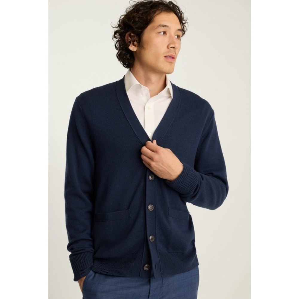 Bonobos Sweater Men Large Blue Washable Merino Wool Knit Cardigan Grandpa V Neck